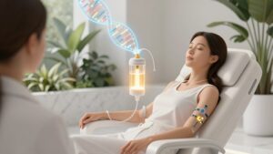 Женщина в футуристическом кресле проходит процедуру IV-терапия Anti-age секреты долголетия 2026